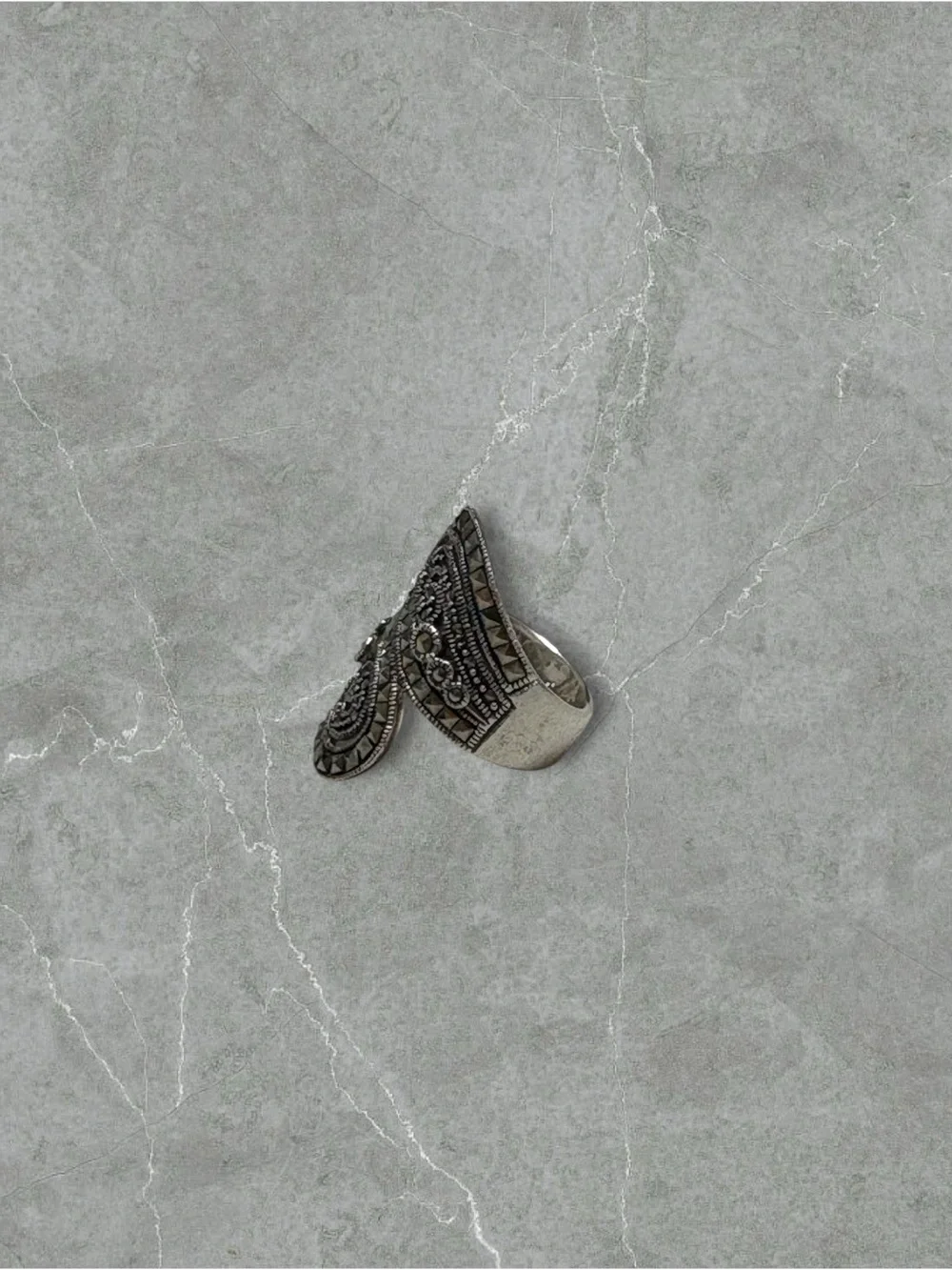 Platinum over 925 Silver Marcasite Swirl Bypass Ring - Size 7.75